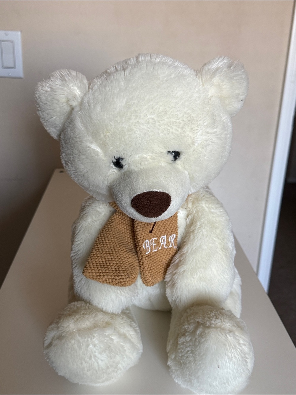Plush Cream Teddy Bear with Brown Scarf - Soft Cuddly Toy